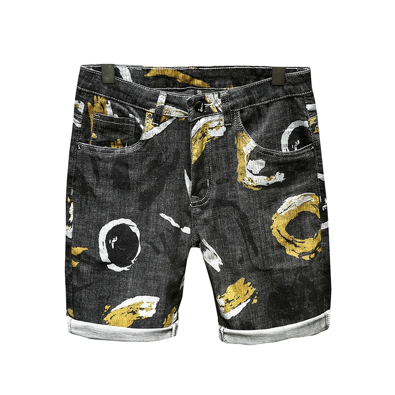 

Cotton denim shorts men's summer personalized printing slim five-point pants tide brand Korean version fit straight pants