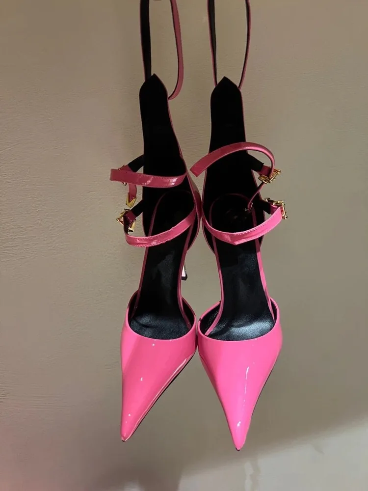 Metal Stiletto Heel Pointed Toe Patent Leather Hollow Shallow Mouth Sandals Foreign Trade Cross-Border Belt Buckle Single Shoes