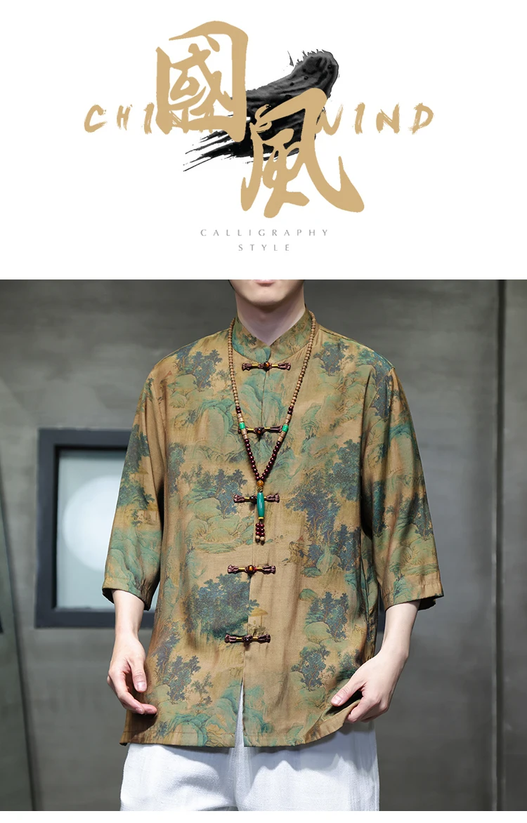 Retro-Tang-Anzug im chinesischen Stil Eis Seiden druck Drachen anzug plus Größe Hanfu Männer orientalische Kleidung schwarz Kurzarm Bluse Hemd – Detail 4