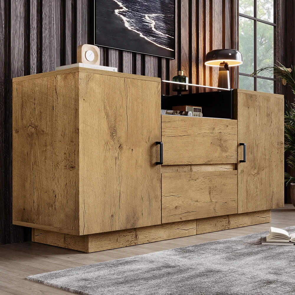 KOMHTOM Eichenoptik Kommode Sideboard mit 2 Schubladen + 2 Schränken, offenem Fach, ESG-Glas und schwarzen Griffen – Detail 2