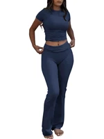 Casual Workout Two Piece Outfits for Women Short Sleeve Crop High Waist Foldover Flare Pants Tracksuit Sets Streetwear - Image 2