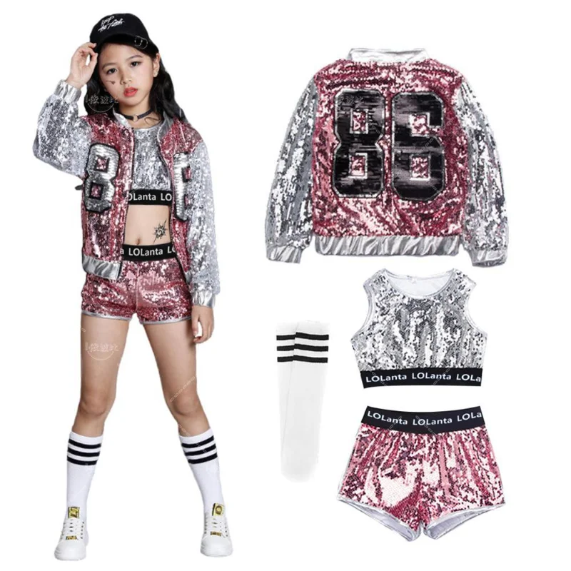 Girls girl dance costume children costumes pink sequin crop tops shorts jacket dancewear costume hip hop modern jazz dance stage performance wear
