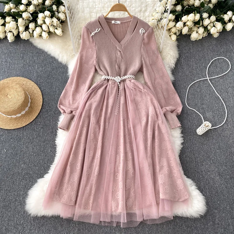 

Autumn Design Sense Niche Lantern Sleeve Knitted Design Sense Waist Slimming Mesh Fairy Skirt