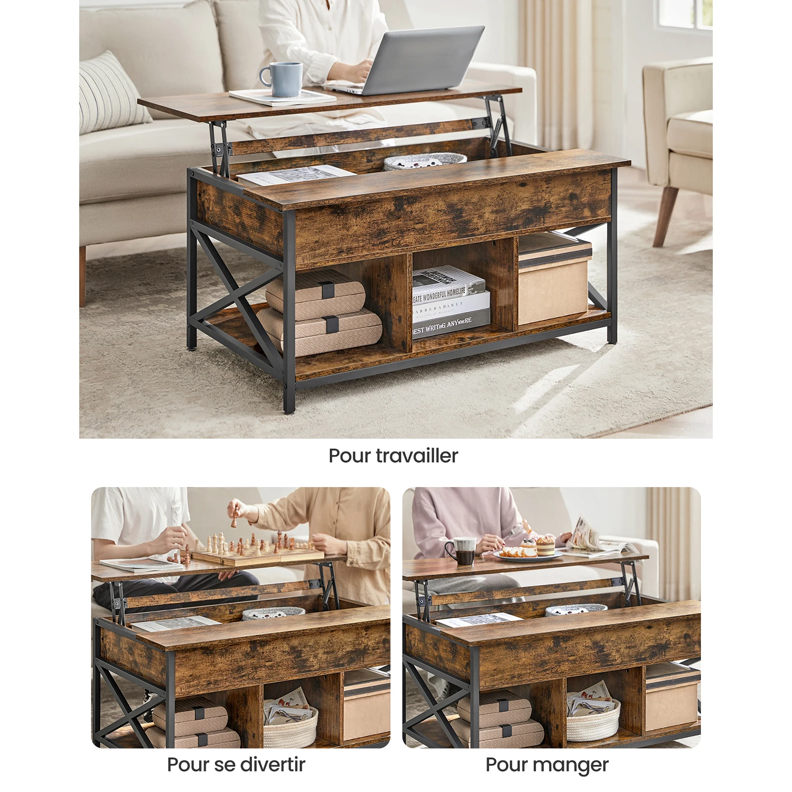 Table Basse LED 100x50 Cm Réglable En Hauteur Avec Plateau Relevable, Rangement Caché, Finition Brillante, éclairage Via Application | Leroy Merlin