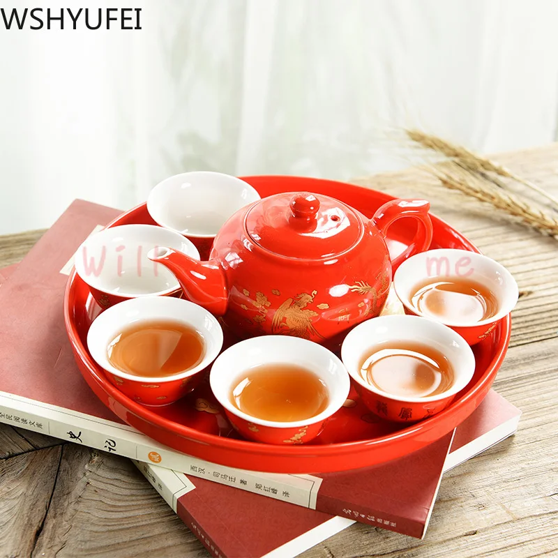 

Chinese traditional wedding ceramic tea set Retro red double happiness teapot tea cup Newlywed gift Wedding supplies WSHYUFEI