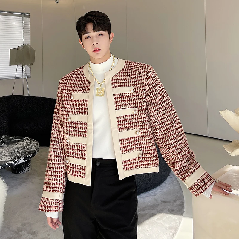 Senior Men Houndstooth Short Jacket Leather Splied Open Stitch Coat Chic Elegant Party Occasions Handsome Male Elegant Outerwear annie champagne glitter prom dresses tulle plus size evening dress فساتين سهره فاخره formal occasions sexy a line party dresses