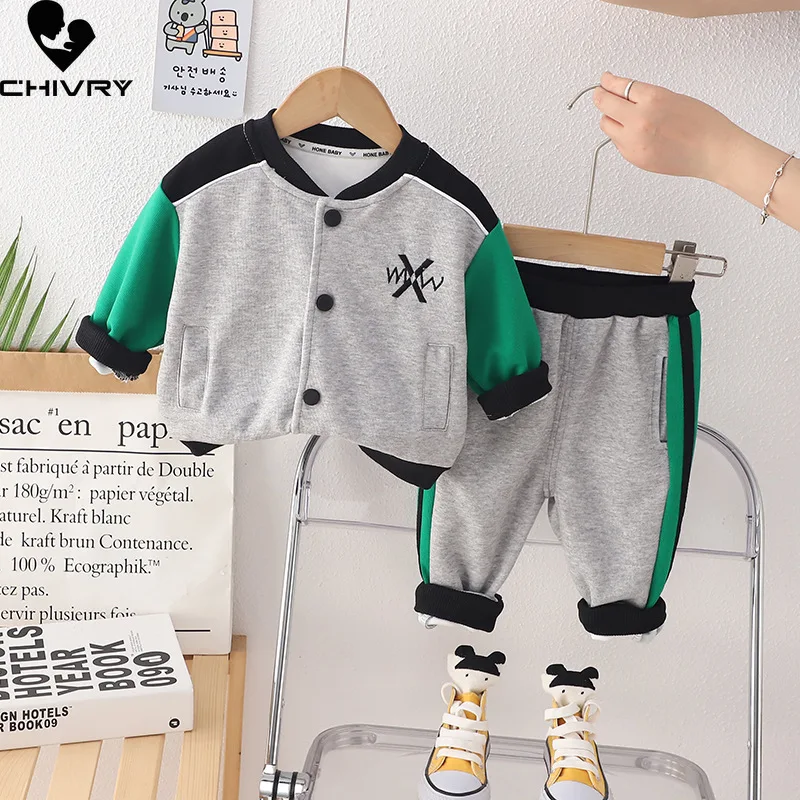 

New 2023 Kids Baby Spring Autumn Fashion Contrast Color Baseball Jacket Tops with Pants Boys Casual Sports Clothing Sets
