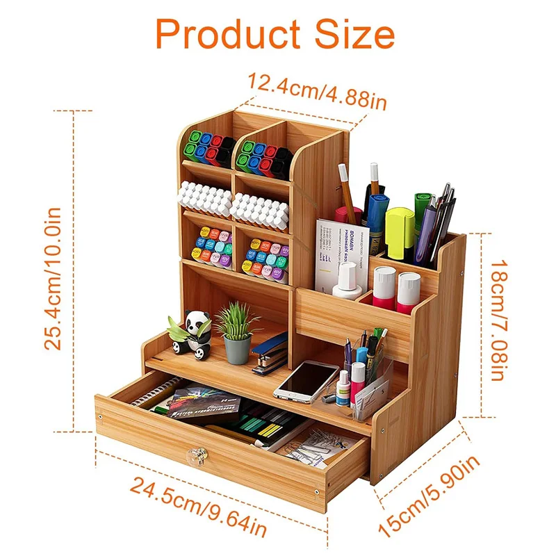 Wooden Desk Organiser DIY Desktop Tidy Pen Holder Large Capacity Stationery Storage Box with Drawer for Home Office and School 6