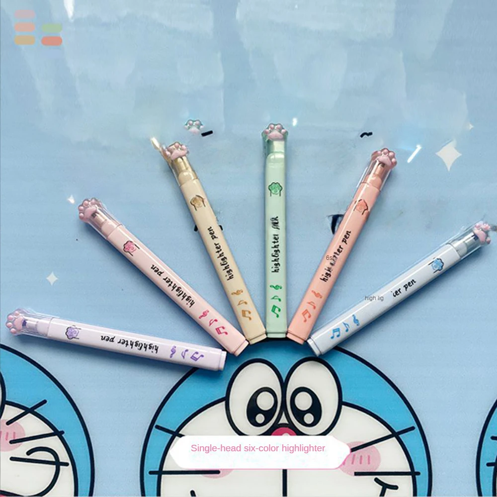 6Pcs/Set Cartoon Cat Paw Highlighter Fluorescent Marker Pen Student Art Drawing Doodling Marking School Office Kawaii Stationery