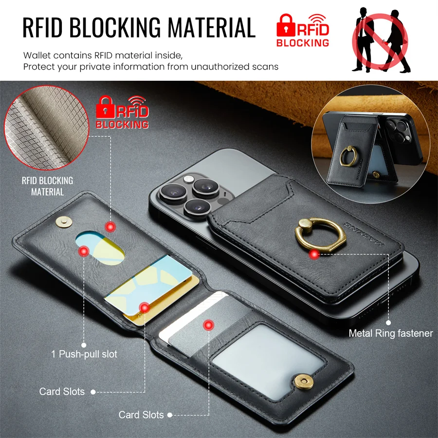 Luxury Leather MagSafe Card Holder with Finger Ring Grip and Kickstand Wallet