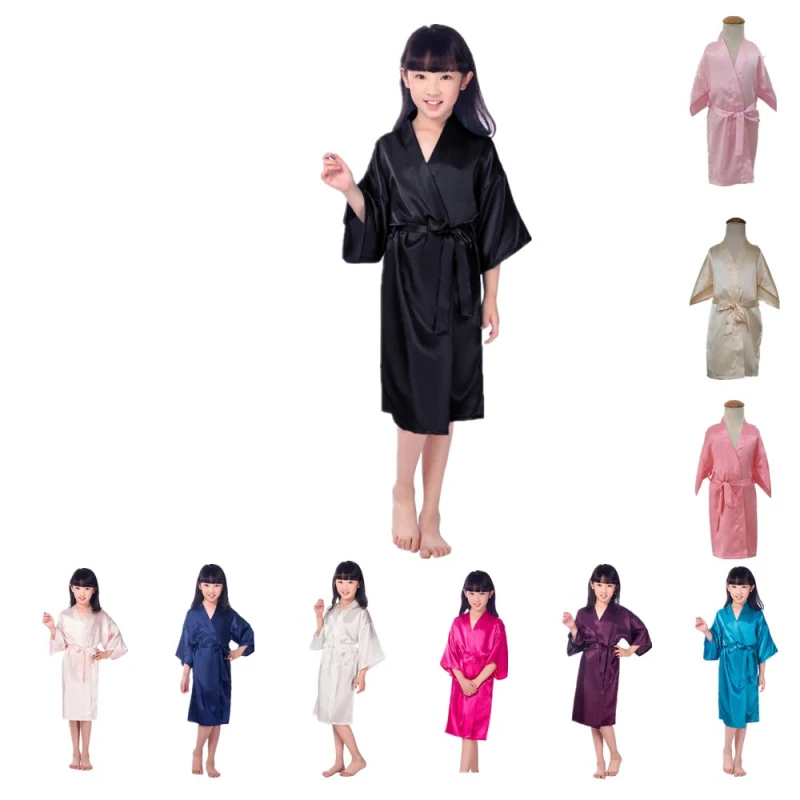 Summer Girls Satin Silk Robe Solid Color Children's Pajamas Soft Kids Bathrobe Girls Robe Sleepwear Dressing Gown for Children