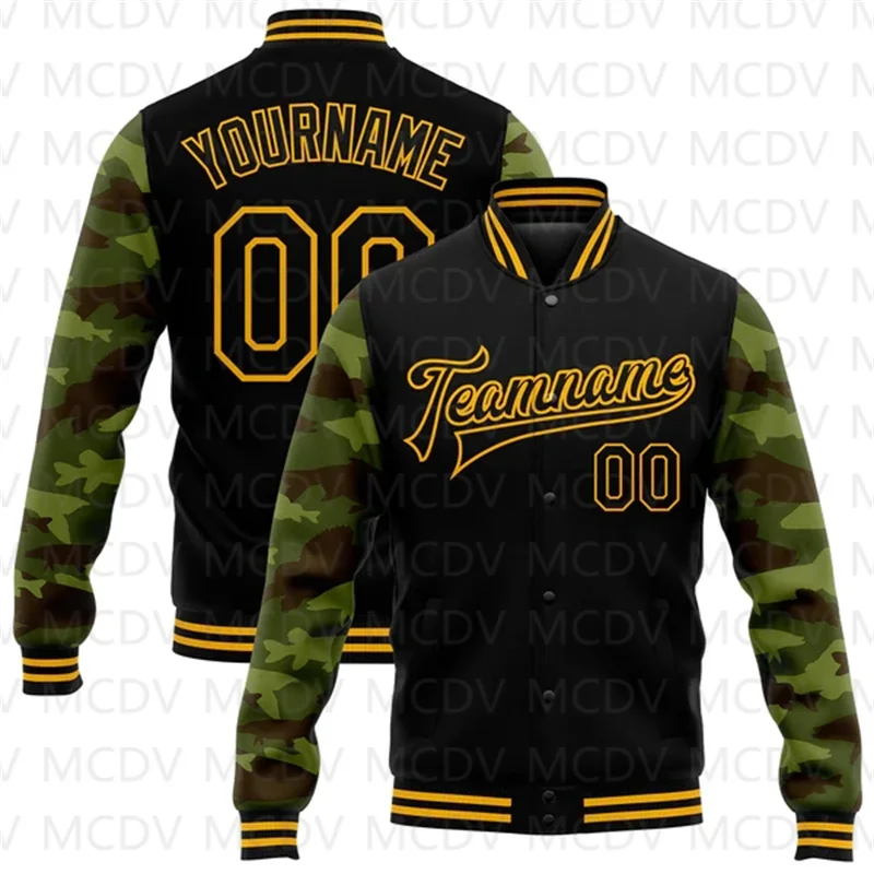 Custom Black Gold Fish Camo Sleeves 3D Pattern Design Bomber Full-Snap Varsity Letterman Jacket custom camo red kelly green bomber full snap varsity letterman salute to service jacket