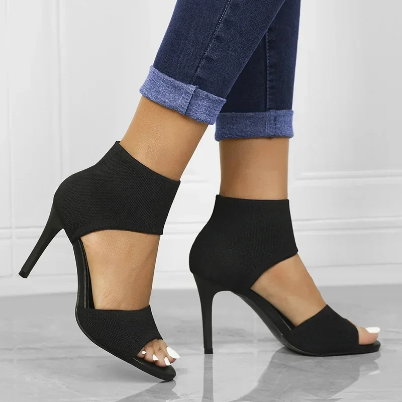 Women New Designer Knitted High Heels Sandals Summer Square Toe Thick Heeled Sandal Woman Sexy Slingbacks Black Party Shoes