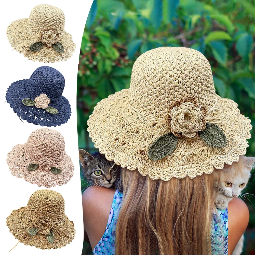 Portable Ladies Straw Hat With Flowers Women Travel Beach Hats Comfy Face Sunscreen Caps for Spring Summer