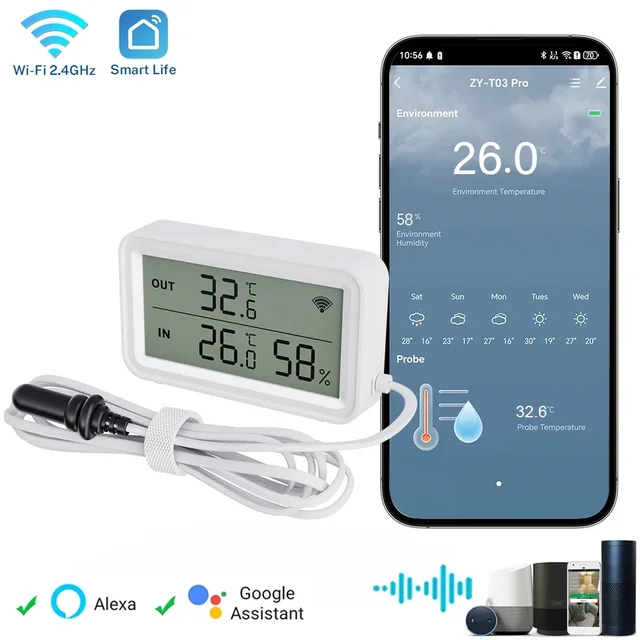Tuya WiFi Zigbee  Temperature Humidity Sensor LCD Screen Thermometer with External Probe Compatible with SmartLife