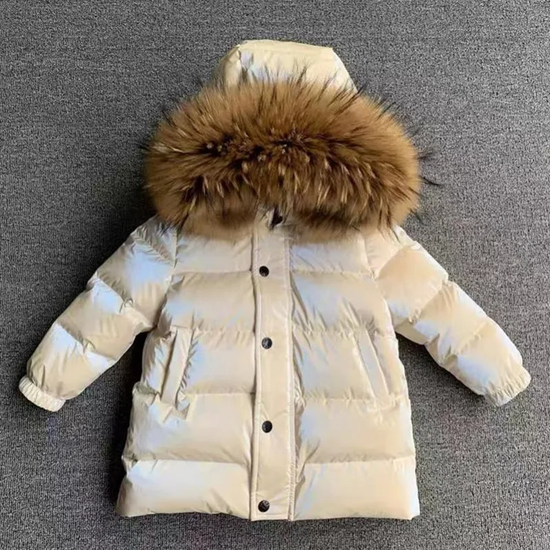 

Russia Winter Girl And Boy Down Jacket Big Real Fur Collar 90% White Duck Down Outerwear Kids Parka -30 Down Coats Wz1242