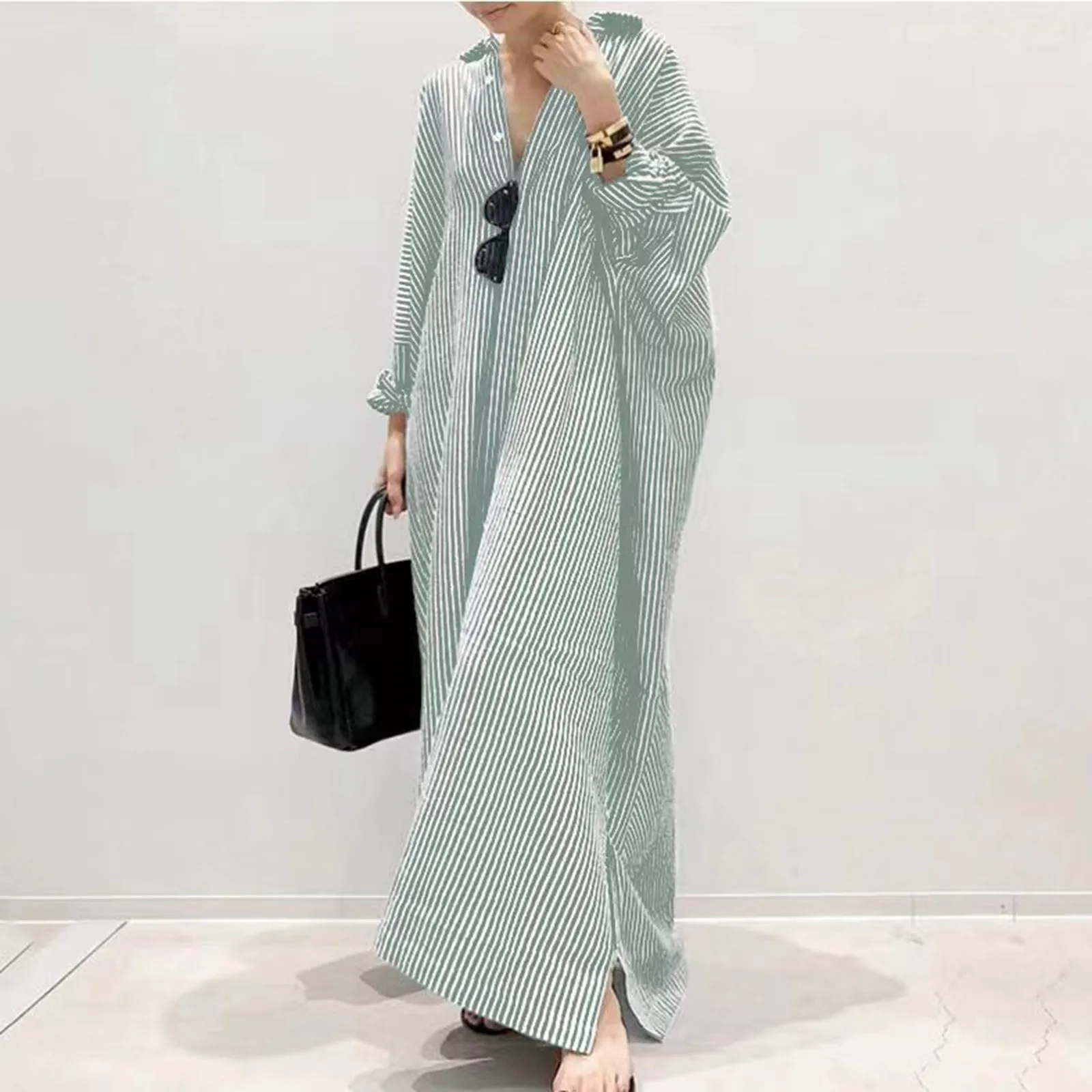 

Casual Striped Printed Shirt Long Dress For Women Summer Turndown Collar Long Dress Female Fashion Button Up Loose Dresses