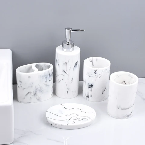 Bathroom Accessories Set 5PCS Resin Toothbrush Holder Soap Dispenser Gargle Cup Washbasin Lotion Bottle Marbling Bath Supplies