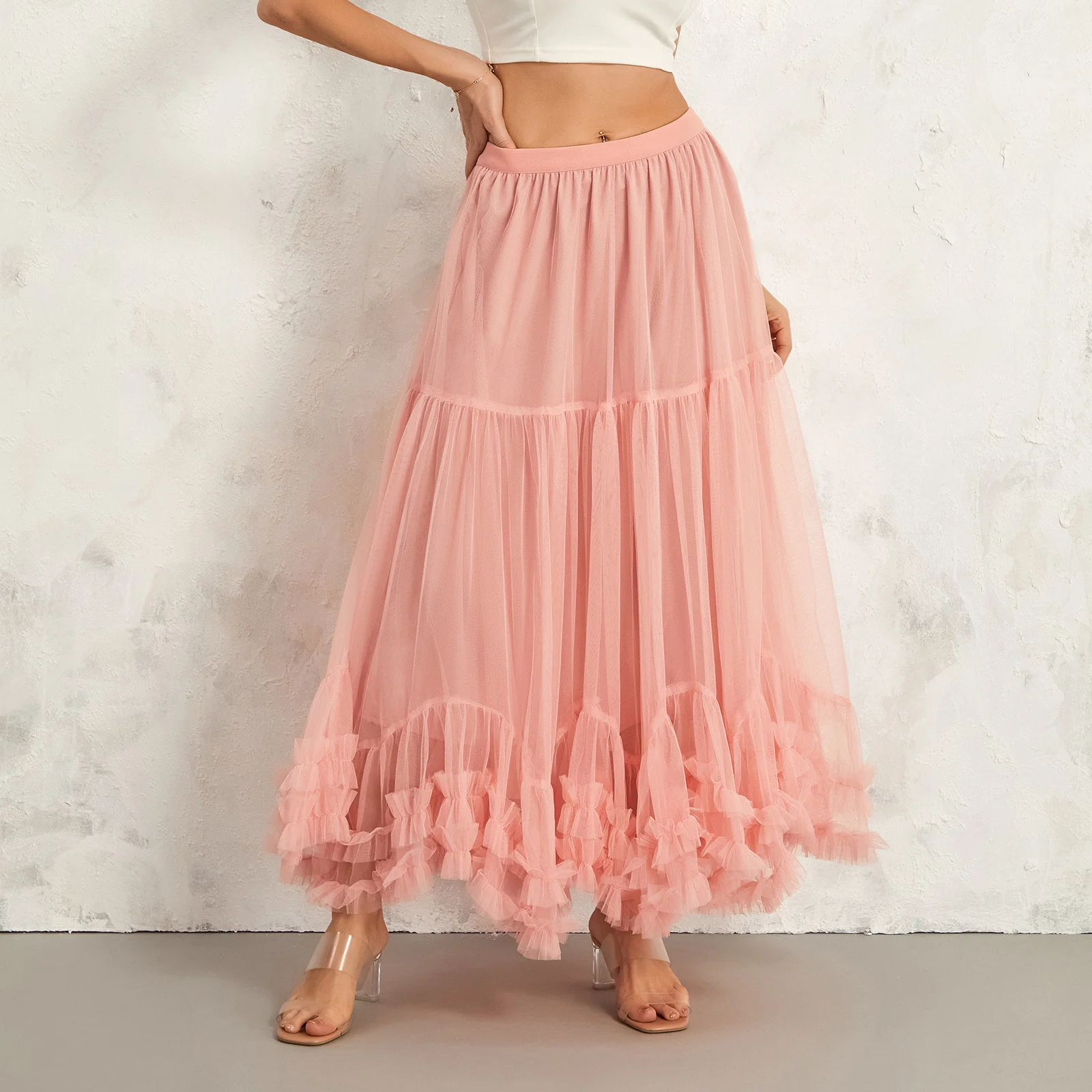 

Party Beach Women Fluffy Layers A-line Skirts Summer Fall Elastic High Waist Ruffles Hem Tulle Skirt for Vacation Streetwear