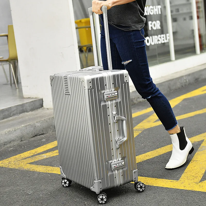 PLUENLI New Trolley Case Aluminum Frame Universal Wheel Luggage Women's Suitcase Password Boarding Case Leather