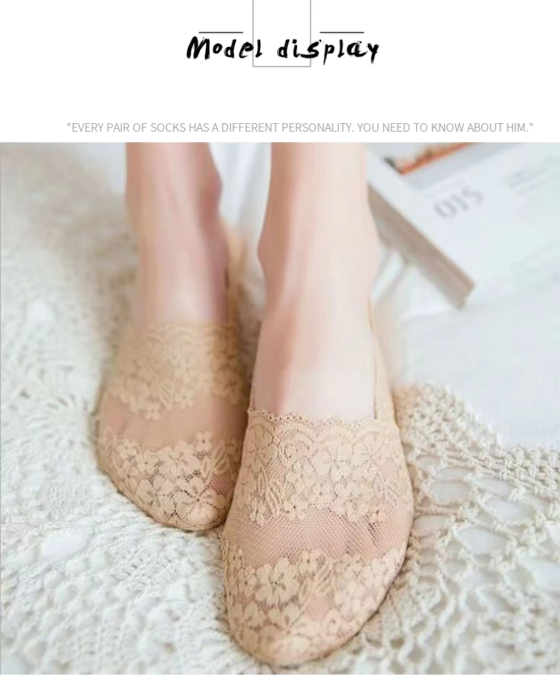 Description Picture 4 of item5 Pairs of WOMEN'S Spring/summer Sweat Absorbing Deep Necked Silicone Anti Slip Thin Cherry Blossom Lace Boat Socks