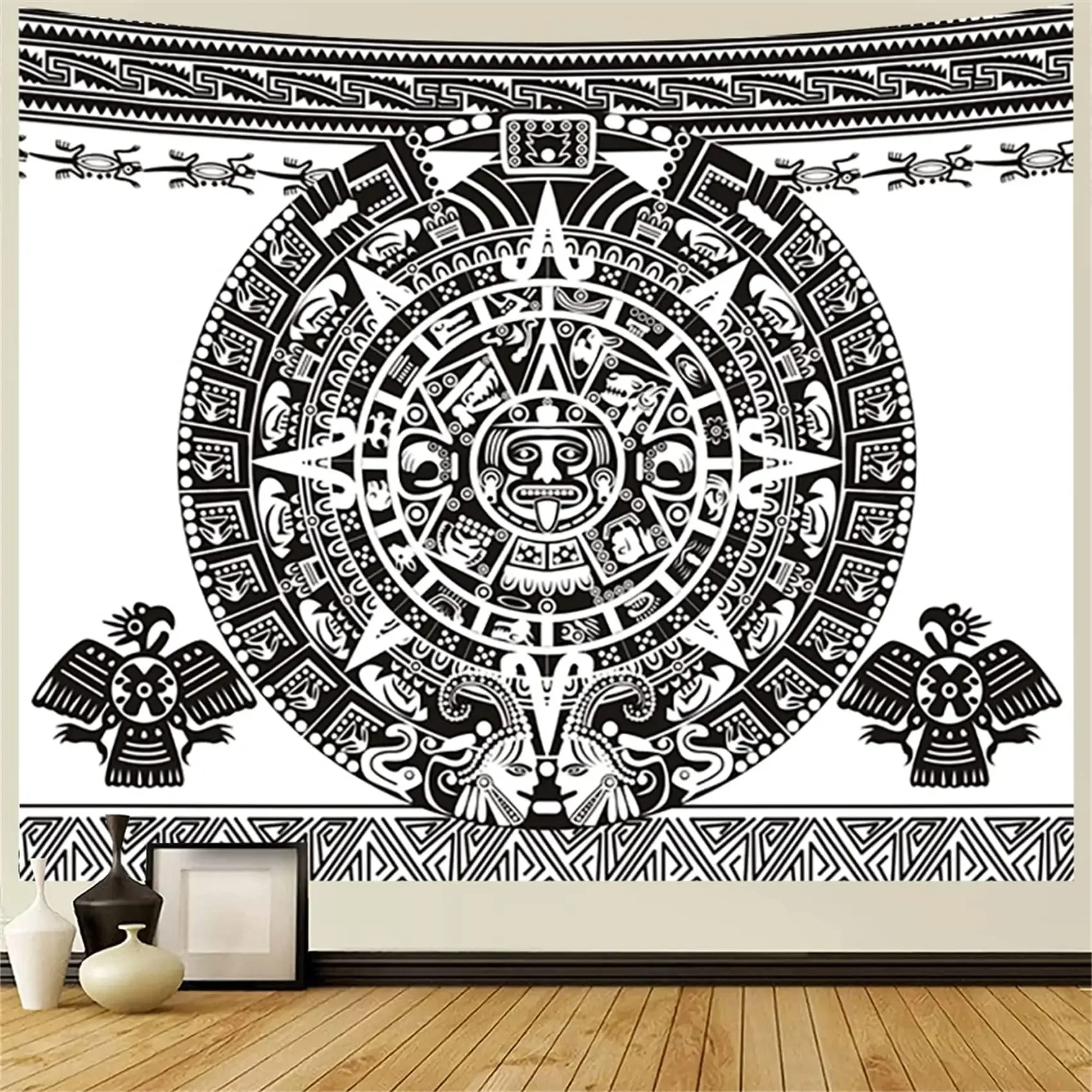 Aztec Calendar Tapestry Black and White Vintage Mayan Sign Ancient Words Wall Hanging for Bedroom Living Room Dorm Home Decor tapestry decor