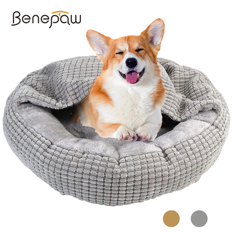 Benepaw Cozy Dog Bed Hooded Fluffy Orthopedic Round Donut Pet Cuddler Anxiety Calming Bed Washable Soft Nonslip Puppy Cat Cave
