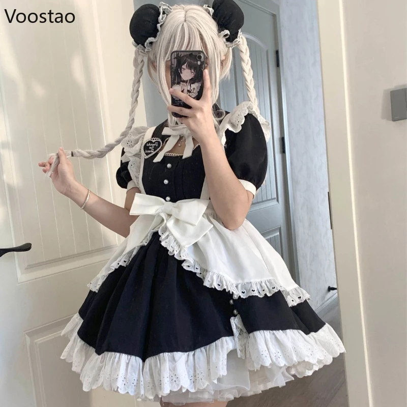 Lolita Dress Japanese Sweet Lolita Dress Women Gothic Kawaii Puff Sleeve Ruffles Cosplay Party Dresses Girls Cute Apron Maid Carnival Dress