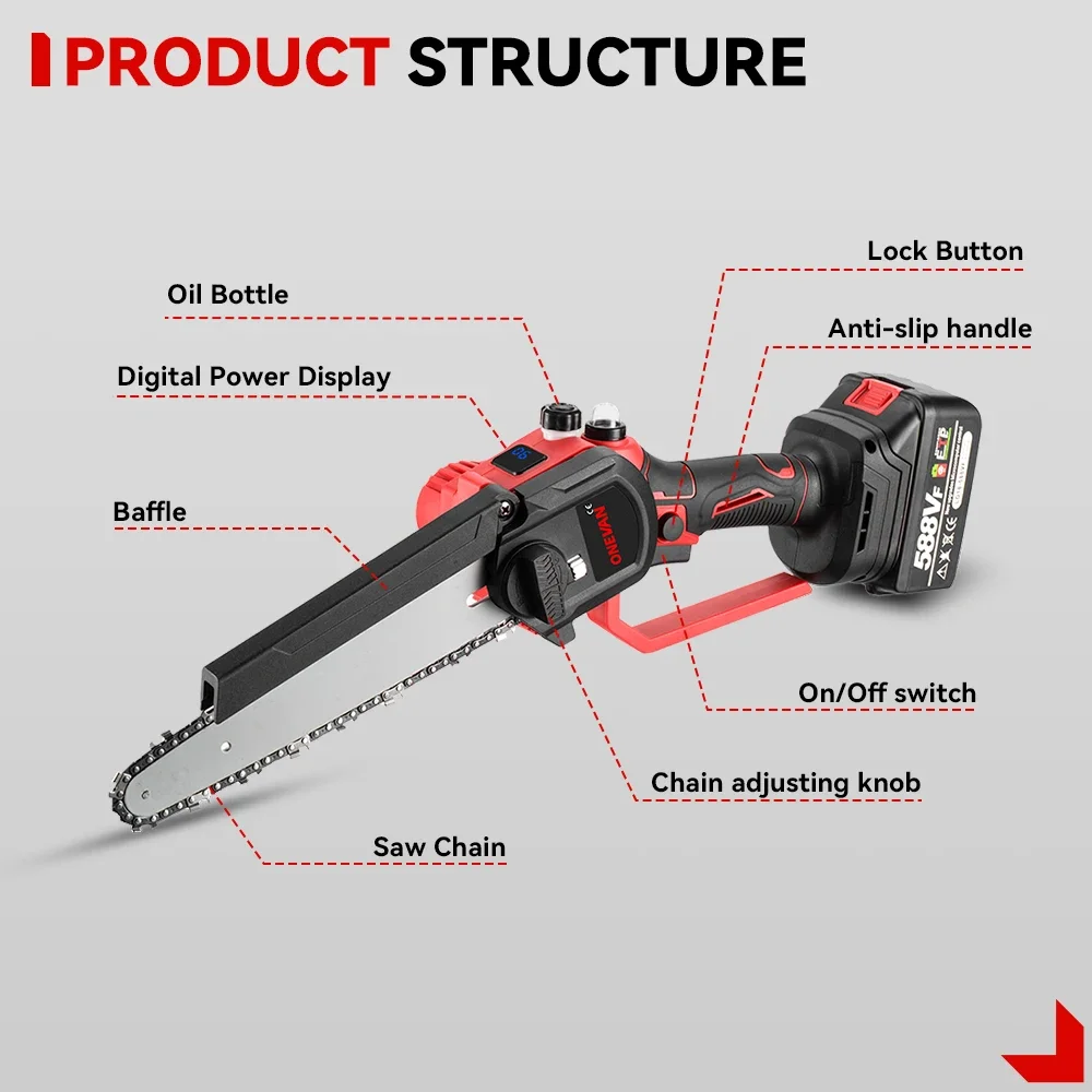 ONEVAN 8 Inch Brushless Chain Saw Cordless Pruning Electric Saw Woodworking Electric Saw Cutting Tool For Makita 18V Battery 3