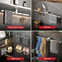 TOLM สีดําห้องน้ําแขวนชั้นวางผ้าขนหนูแบบไม่มีรูพรุน, เรียบง่ายและสร้างสรรค์, ราวแขวนผ้าแบบยืดได้, ราวแขวนผ้าสแตนเลส 3