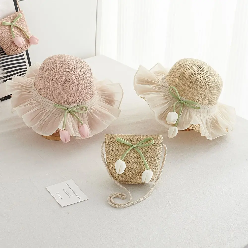 with Same Style Crossbody Bag Tulip Straw Sun Hat Korean Style Anti-UV Sun Hat Girls Bucket Hat Shading Hat Foldable