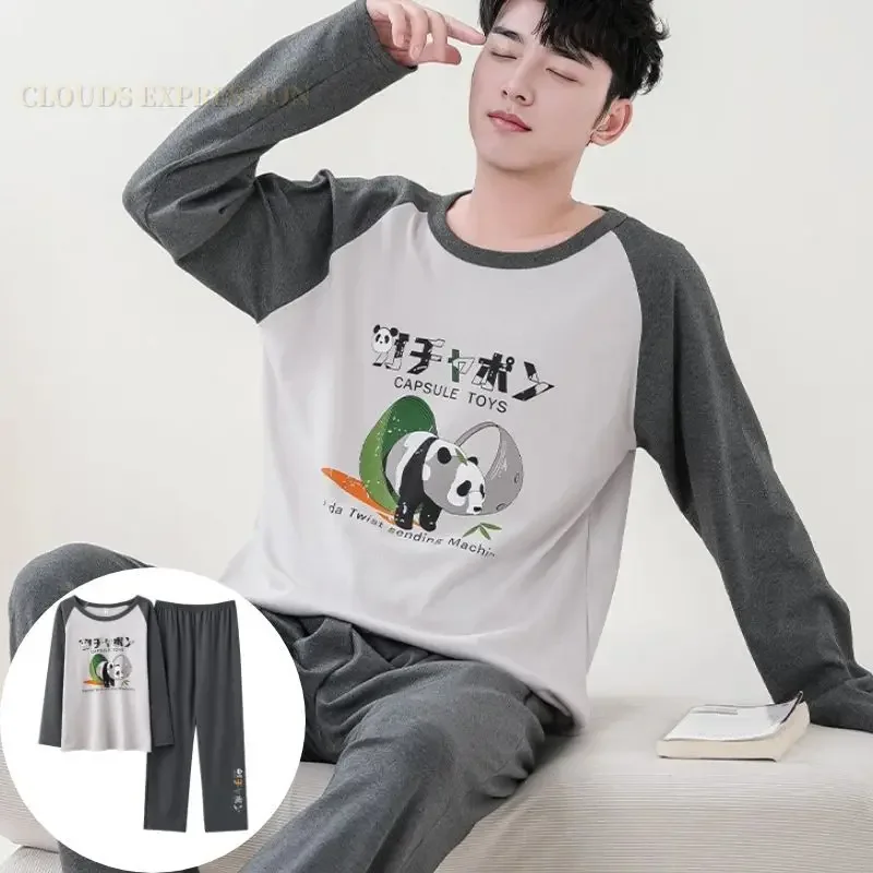 Autumn Winter Men's Cotton Pajamas Letter Plaid Sleepwear Cartoon Pajama Sets Casual Sleep&Lounge Pyjamas Plus Size 4XL Pijama