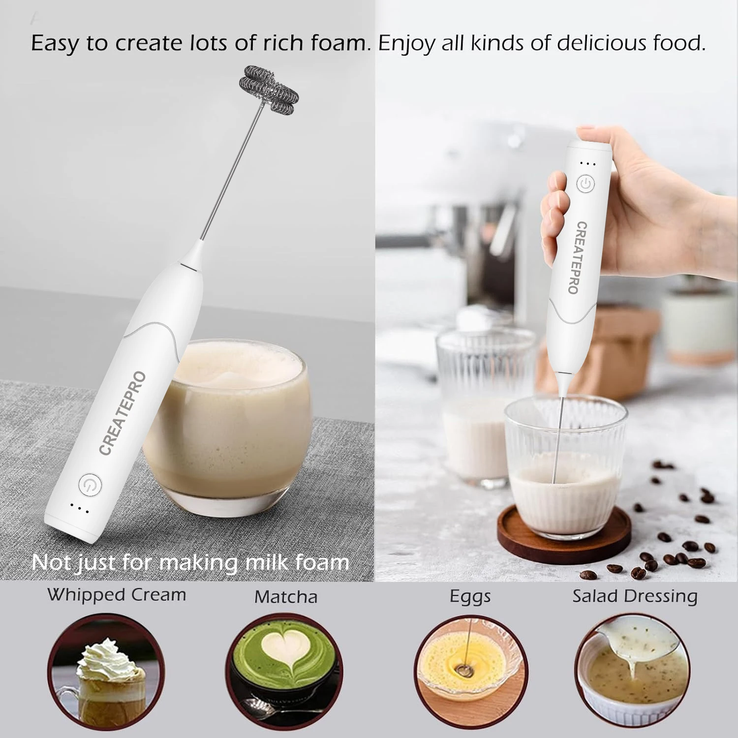 3-Speed Electric Milk Frother for Coffee with Whisk Stand-up Design Stainless Steel Frother Mixer Rechargeable for Cream 2