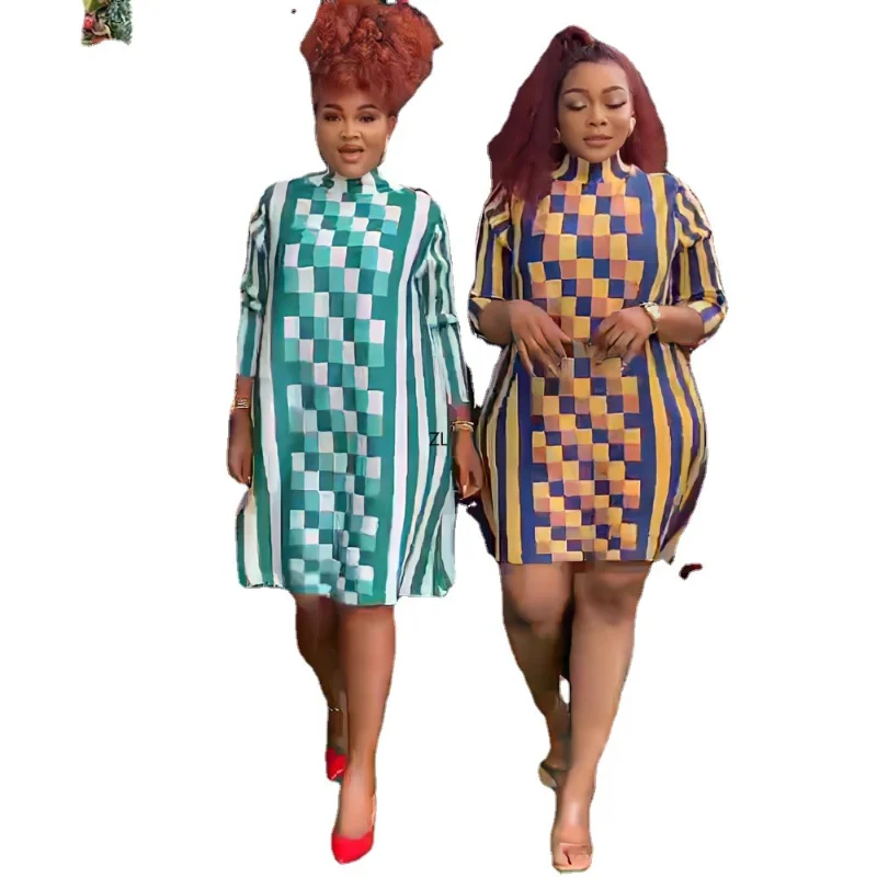 

Plus Size Pleated Dresses For Women 2023 Summer Dubai African Dashiki Print Robe Office Ladies Overalls Party Dress Clothing