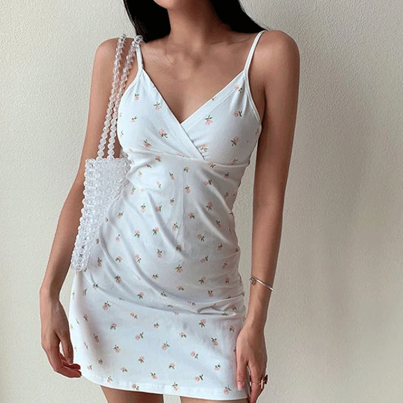 

Y2K Vintage Floral Cross Camis Dress Women Slim Sleeveless V-Neck Summer Sexy Cute Backless Patry Black Mini Dresses Woman Cloth