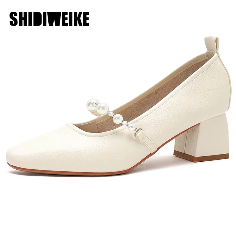 

SDWK 5CM Women Mary Janes Shoes Leather Wedding Shoes Square Toe String Bead Cut Out Ladies Footwear Spring Summer Beige 40