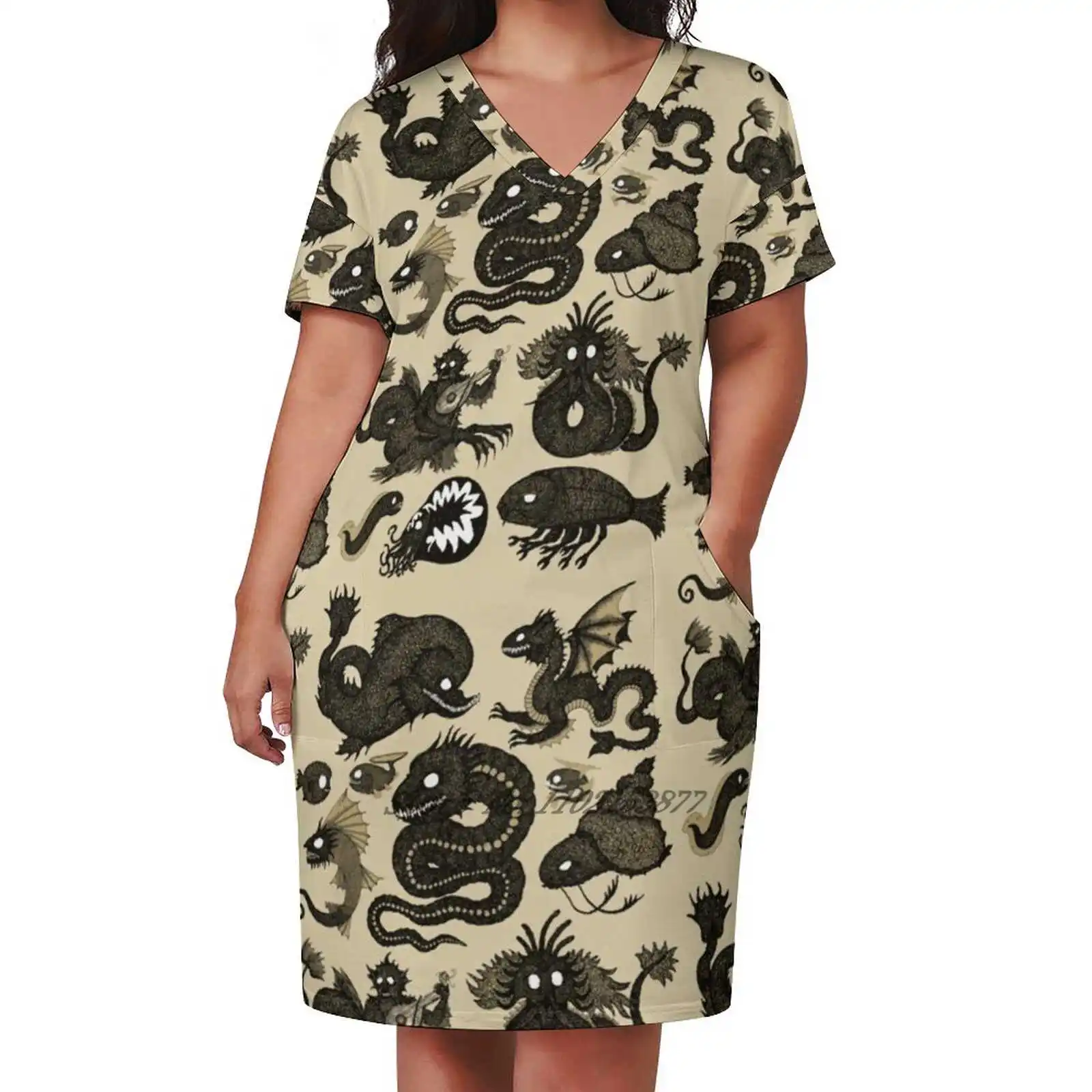 

Assorted Sea Monsters 2 Loose Pocket Dress Fashion Print Dress Short Sleeve V-Neck A-Line Dress Sea Monster Sea Monsters Sea