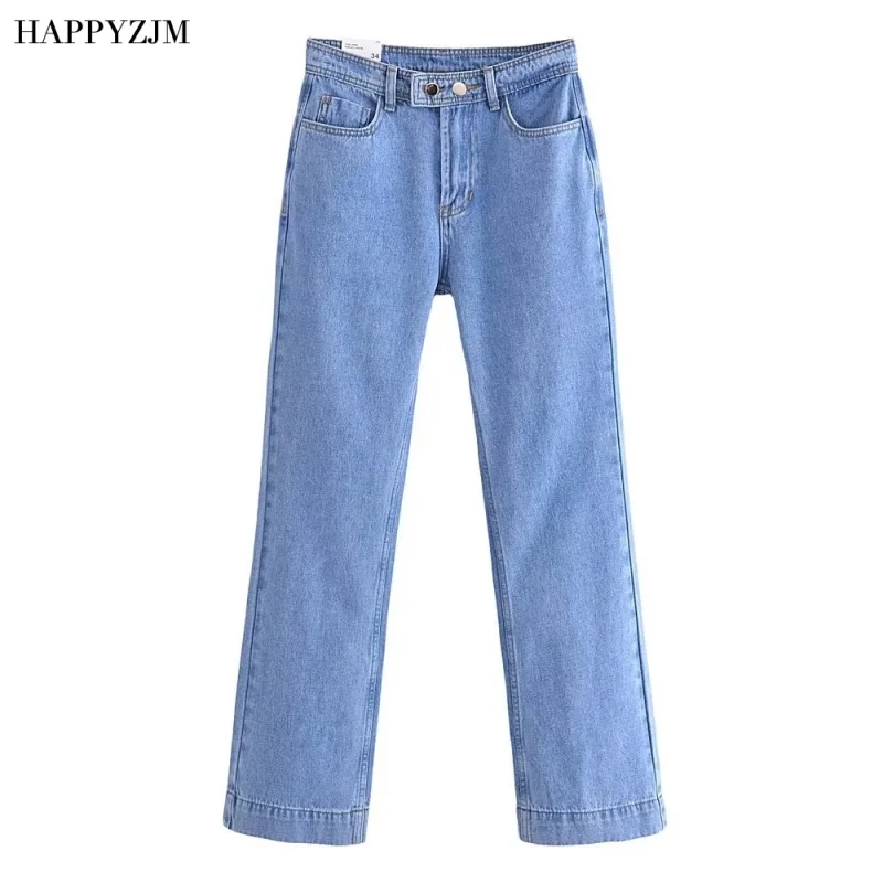 

HAPPYZJM New Women Medium Waist Denim Trousers Fashion Loose Trousers Fashion Casual Street Style Simple Light Blue Jeans