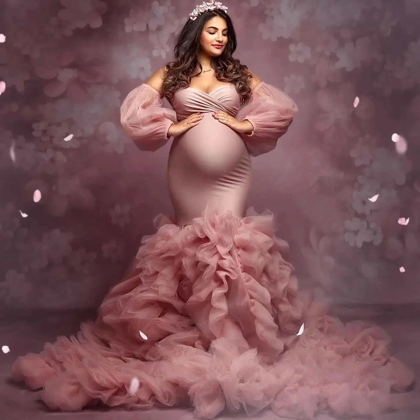 Luxury Mermaid Evening Dresses for Photoshoot Off Shoulder Ruffles Pregnant Women Robes Sexy Long Sleeves Maternity Gowns