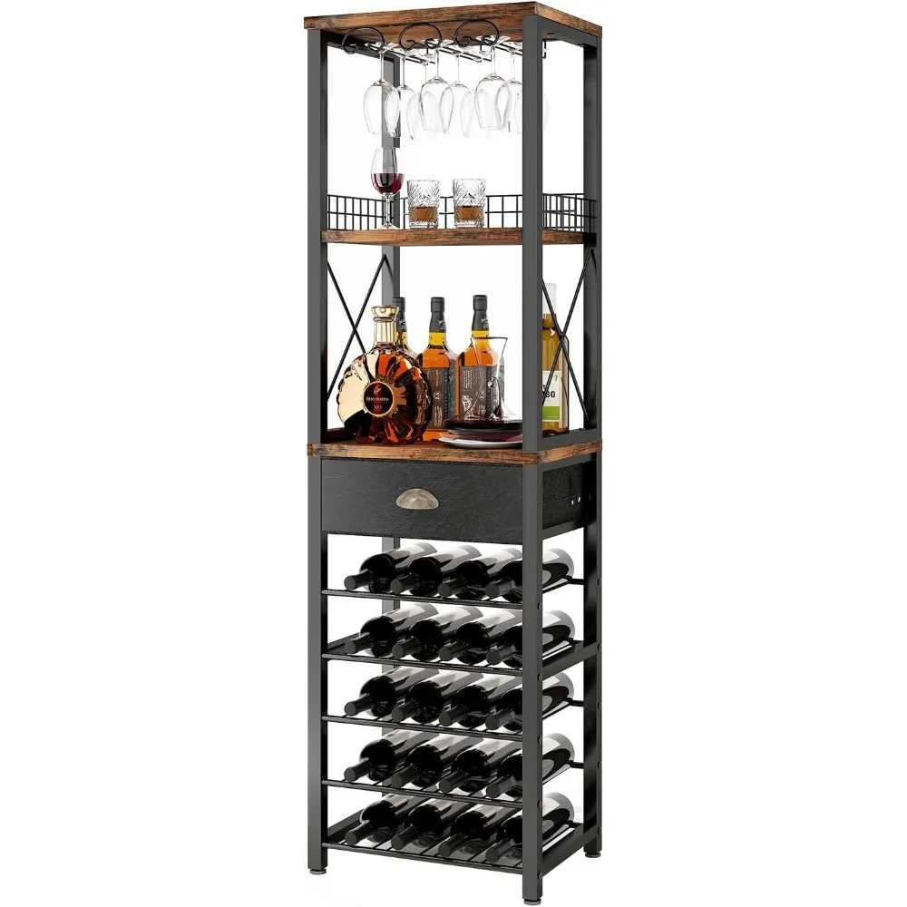 

Wine Rack Freestanding Floor, Bar Cabinet for Liquor and Glasses, 4-Tier bar Cabinet with Tabletop, Glass Holder, Storage