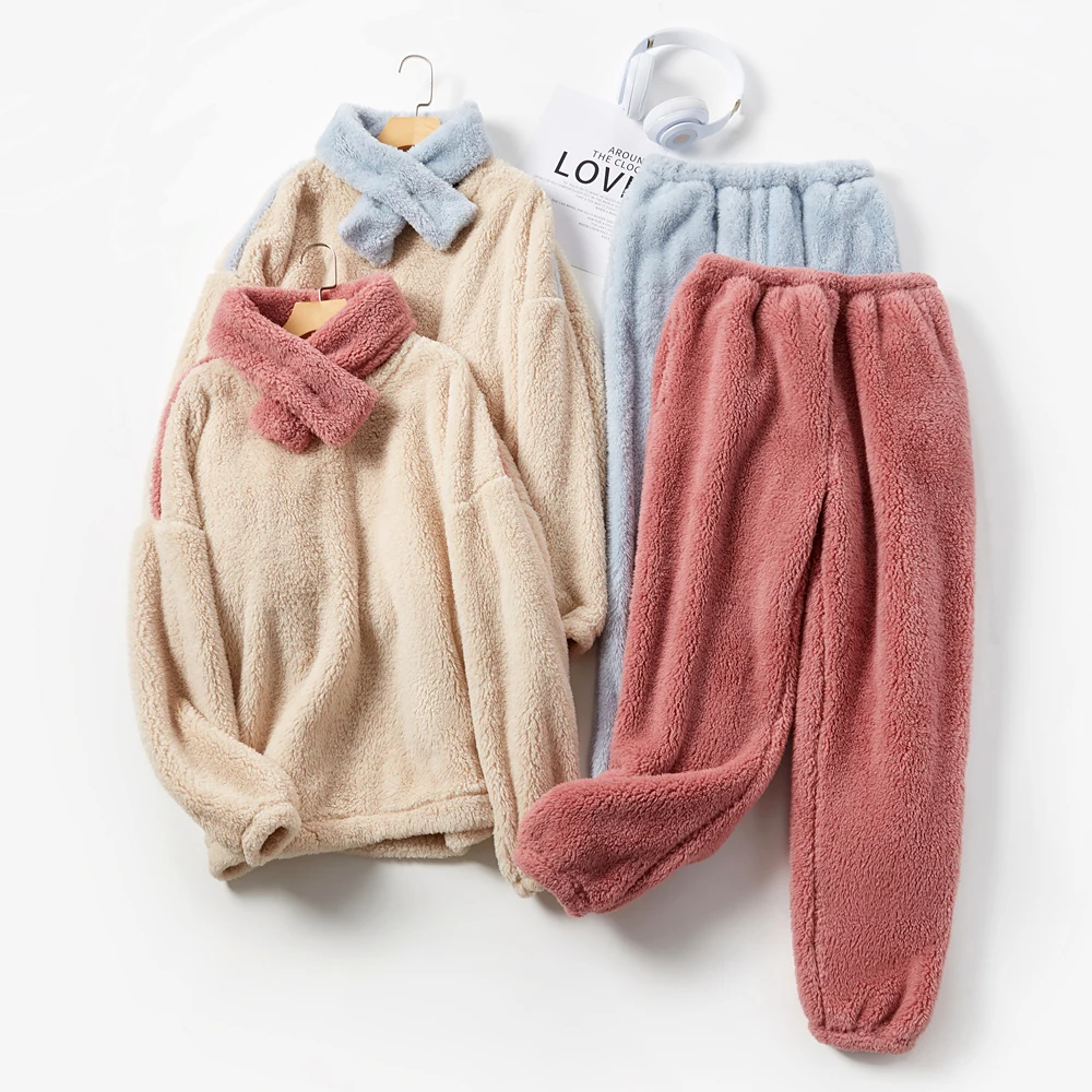 Winter Women Sleepwear Warm Pajama Set With Scarf Thicken Fleece Pijama Mujer Plus Size Pyjama Pour Femme Pullover Pant Homewear