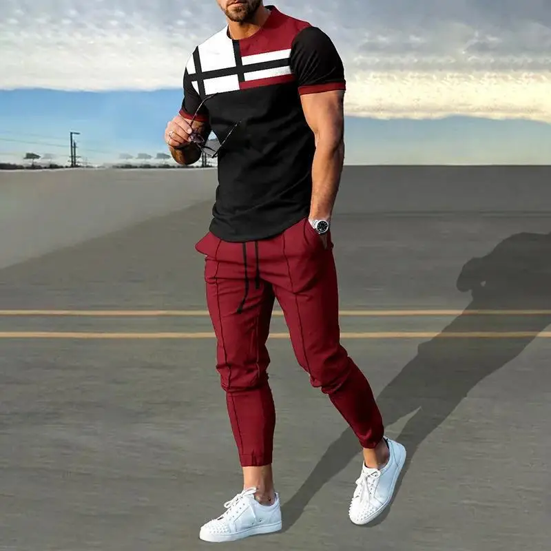 Summer New O Neck Harajuku Y2K Printing Tee Casual Fashion Pants Set Hombre Perspective Patchwork T-shirt Top Sporty Trousers 3