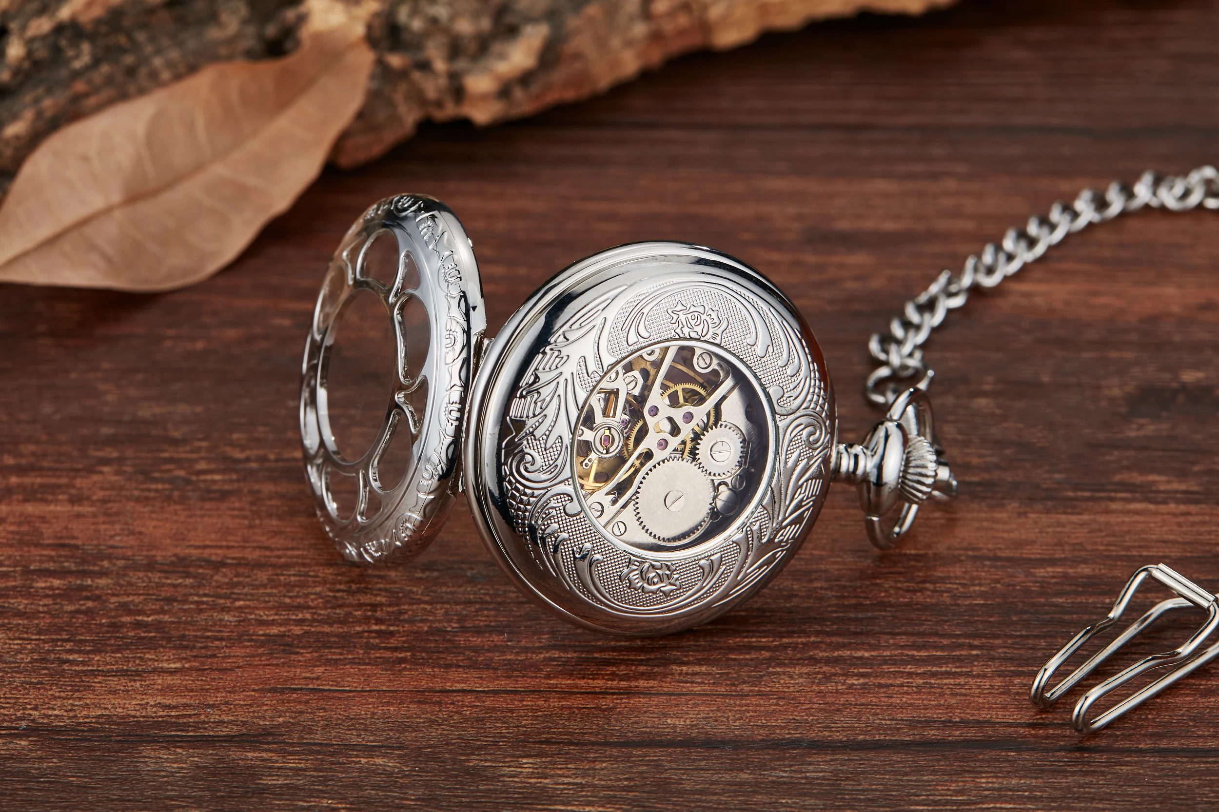 Unique Wood Circel Gear Dial Bronze Antique Mechanical Pocket Watch Men Vintage Engraved Fob Hand Wind Steampunk Watch Women
