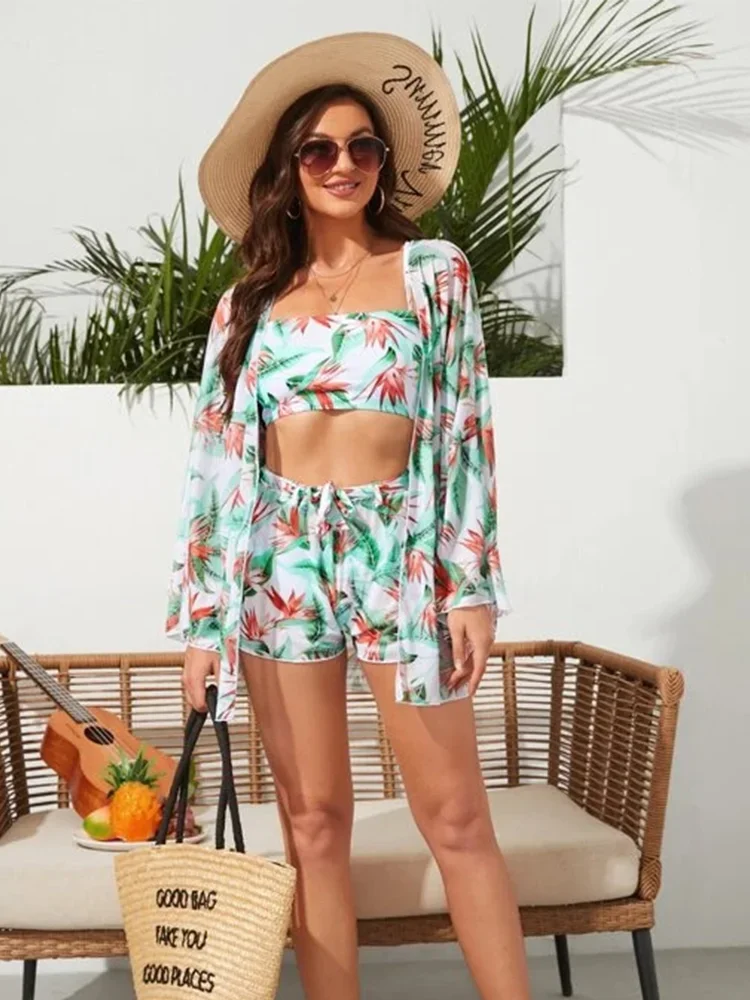 

Tropical Allover Print Bikini 3pack Drawstring Ruched Women Swimsuit Long Sleeve Cover Up Swimwear Beach Wear Bathing Suit