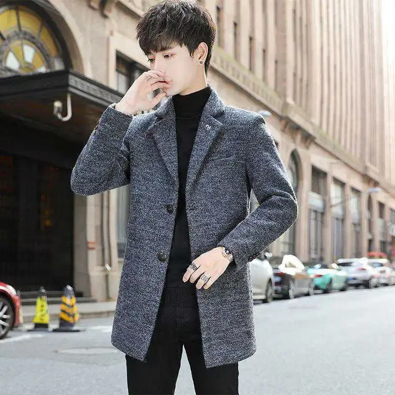 Autumn Winter Men's Woolen Jacket Korean Style Trendy Cropped Lapel Jacket Thickened Small Windbreaker For Cold Weather