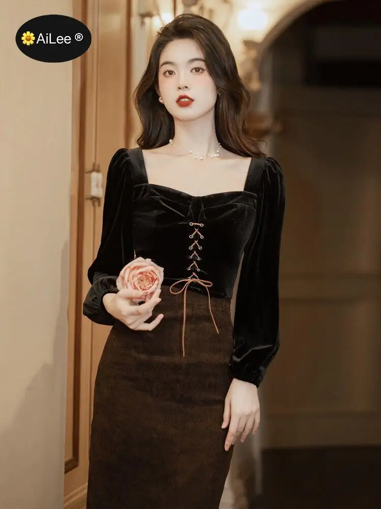 Square Collar Front Lace Up Blouse Women Winter Fleece Warm Black Pullover Tops Short Slim Fit Knight Vintage Party Date Shirts