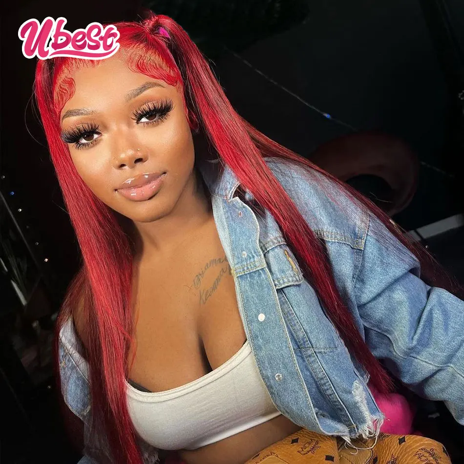 

Красные прямые парики для женщин, человеческие волосы 13X 4, передний парик на сетке, бордовый 99J, цветные человеческие волосы на сетке спереди, предварительно выщипанные Ubest