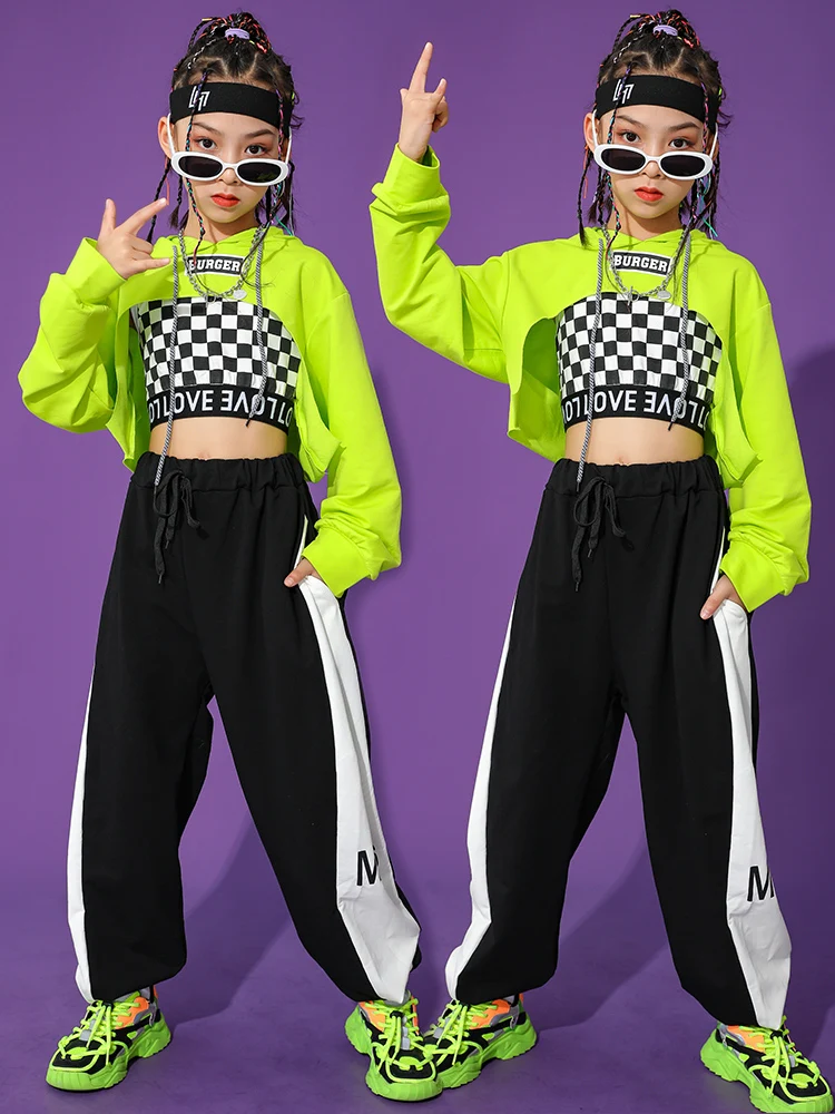 Kids Hip Hop Clothing Girls Modern Jazz Dance Costume Green Long Sleeves Tops Black Pants Streetwear Concert Stage Outfit BL9011
