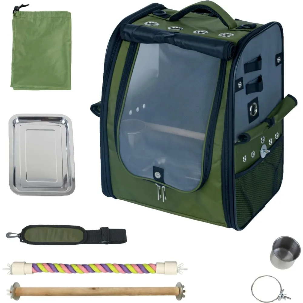 

Bird Carrier Backpack-Parrot Travel Cage with 2PCS Perch and Food Bowl, Stainless Steel Tray (Dark Olive Green)