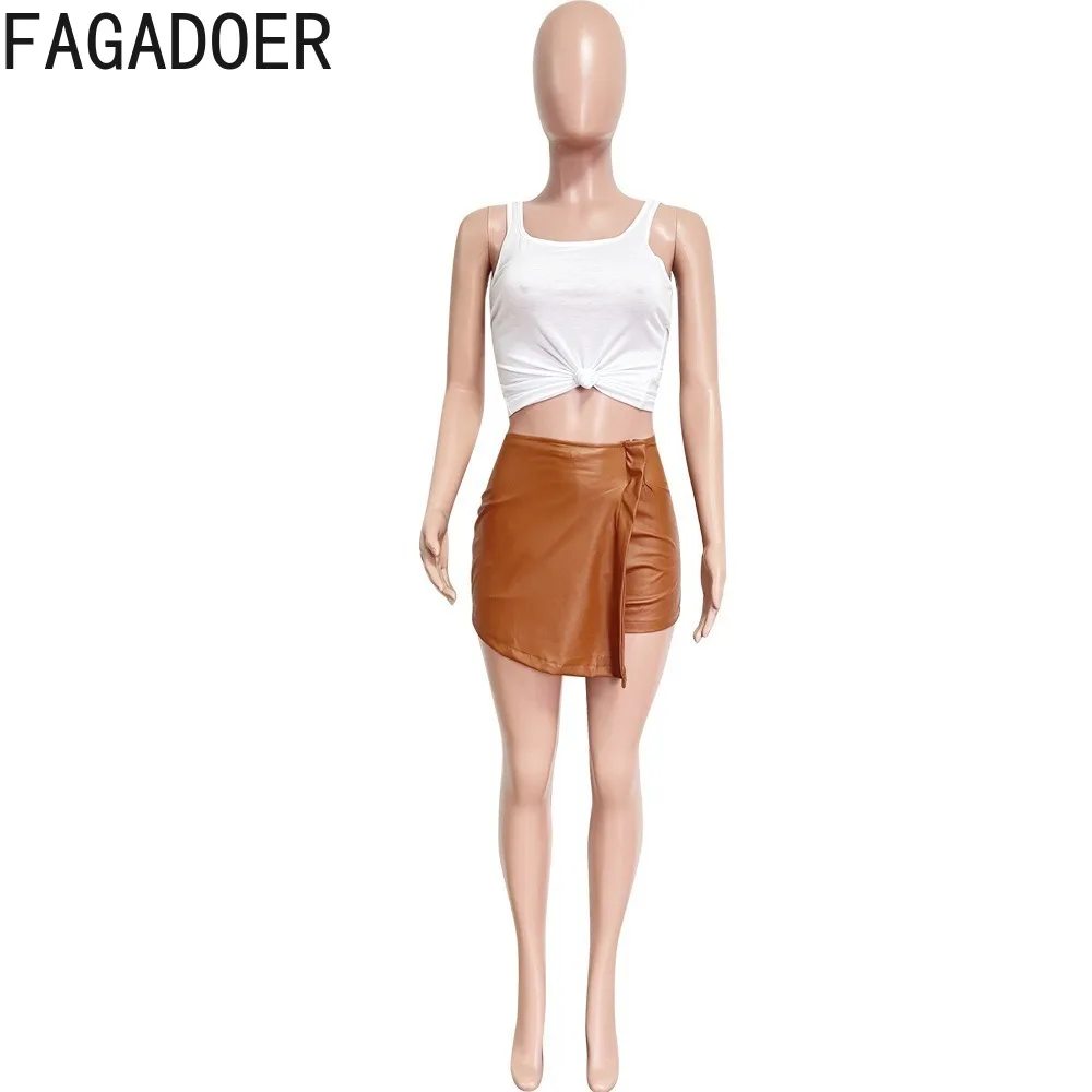 FAGADOER Fashion PU Leather Slim Irregular Shorts Women High Waisted Matching Bottoms Casual Female Solid Color Streetwear 2024